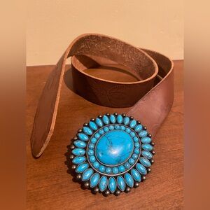 Lucky Brand Womens Faux Turquoise  Buckle and Brown Tooled Leather Belt Sz M